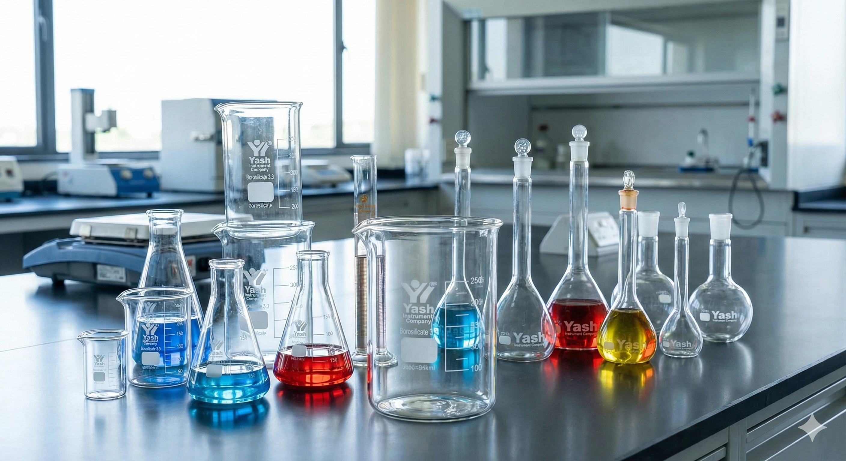 Borosilicate laboratory beakers and flasks manufactured by Yash Instrument Company